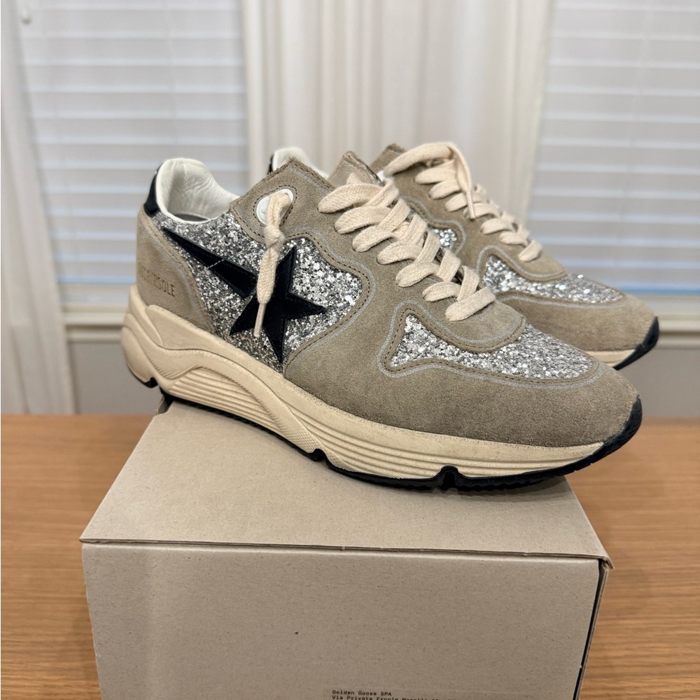 Golden Goose Running Sole - Silver Glitter and Beige Sneakers
